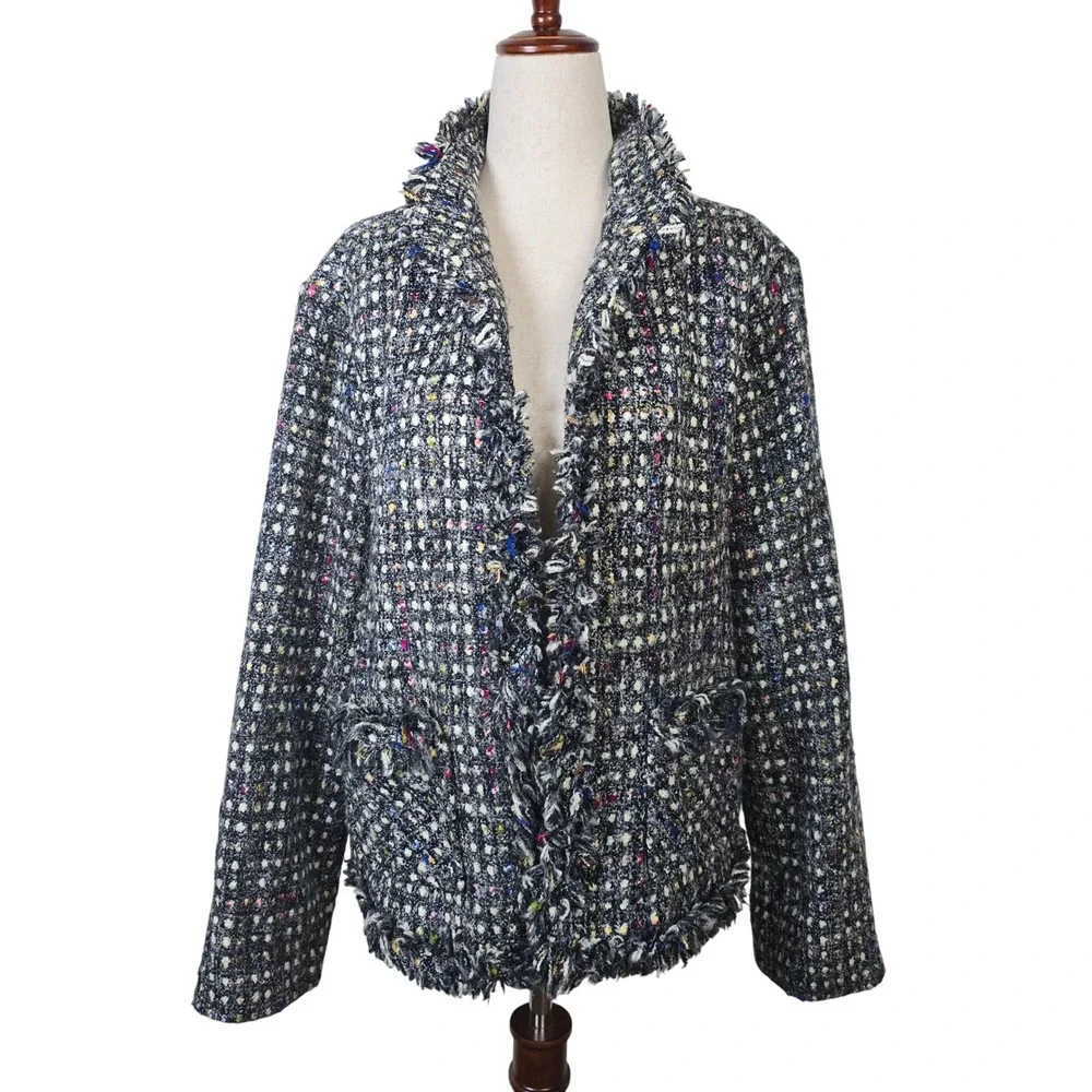 Chico's Women Size 2 Black Multi Color Tweed Fringe Open Front Blazer Jacket - Picture 1 of 5